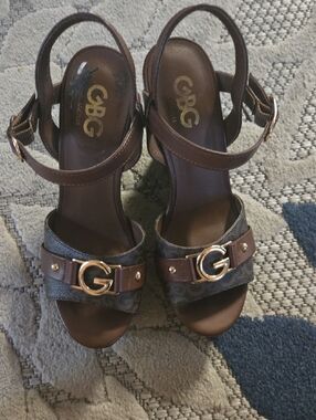 GBG Los Angeles Brown Heeled Sandals with Gold G Accent